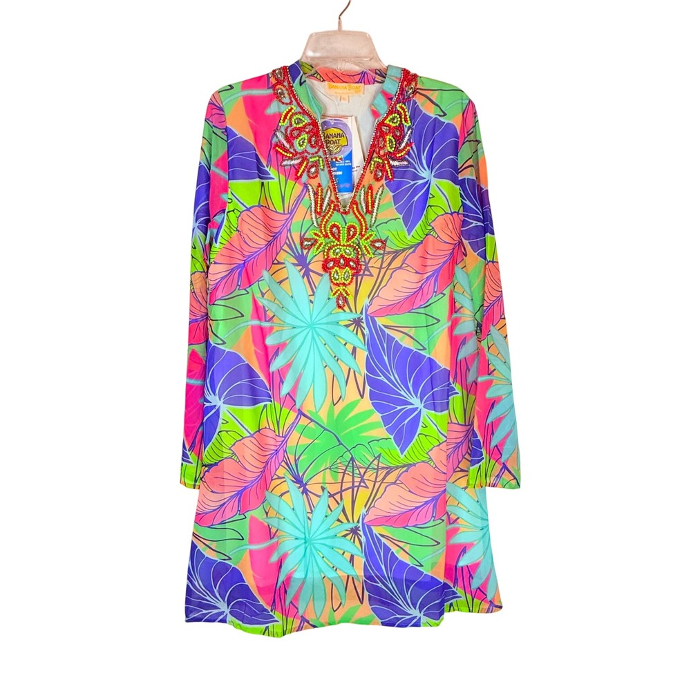 Banana Boat Beaded Tropical Swim Cover Up Tunic XL UPF 25 Floral NWT